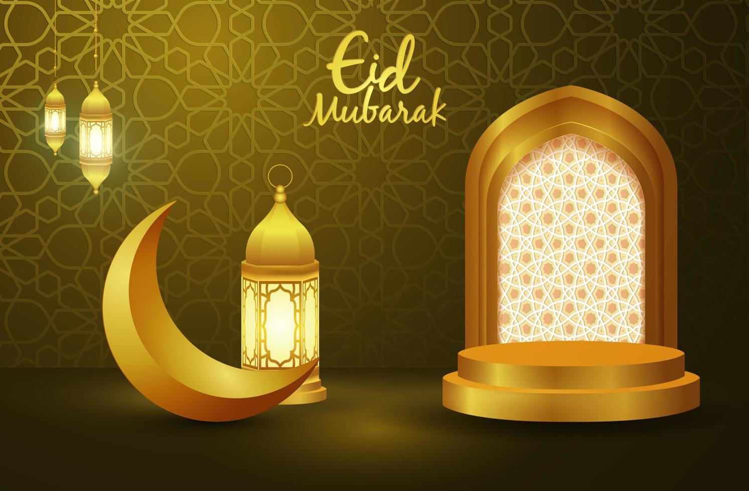 3d Ramadan evening concept scene design. Crescent moon decoration displayed on podium Suitable for Islamic holiday promo. vector