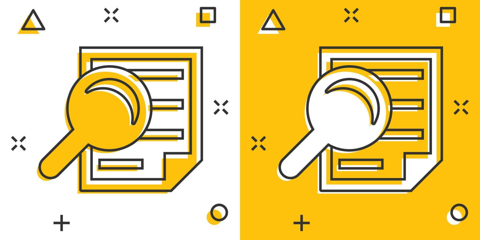 Scrutiny document plan icon in comic style. Review statement vector cartoon illustration pictogram. Document with magnifier loupe business concept splash effect.