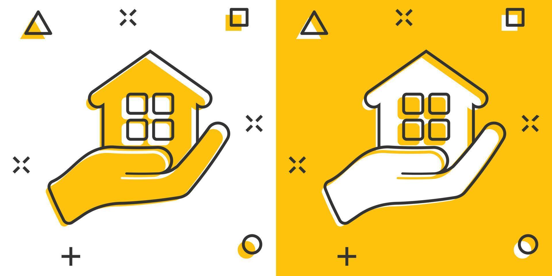 icono de atención domiciliaria en estilo cómico. asimiento de la mano ilustración de dibujos animados de vector de casa sobre fondo blanco aislado. efecto de salpicadura del concepto de negocio de calidad del edificio.