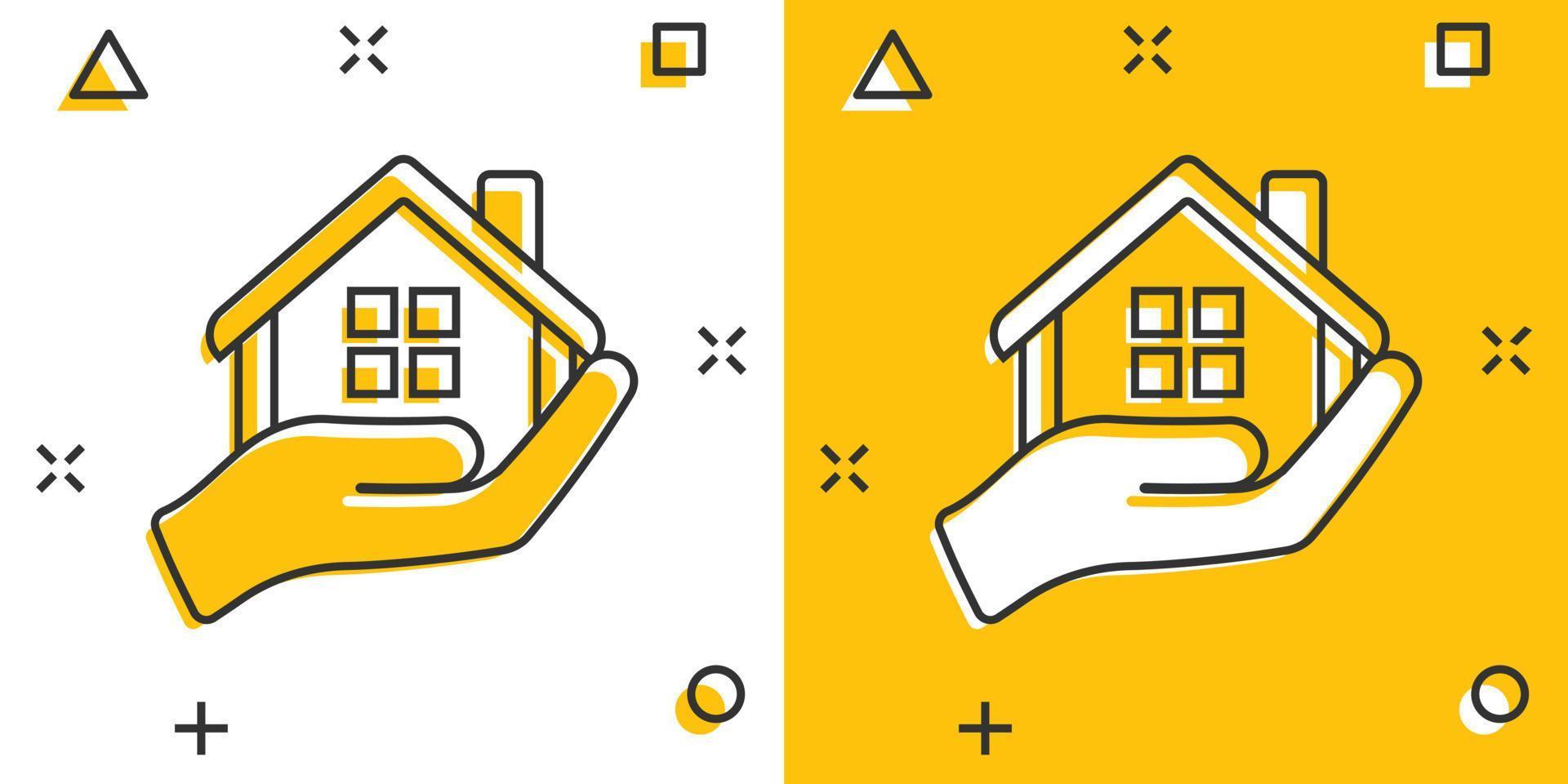 icono de atención domiciliaria en estilo cómico. asimiento de la mano ilustración de dibujos animados de vector de casa sobre fondo blanco aislado. efecto de salpicadura del concepto de negocio de calidad del edificio.