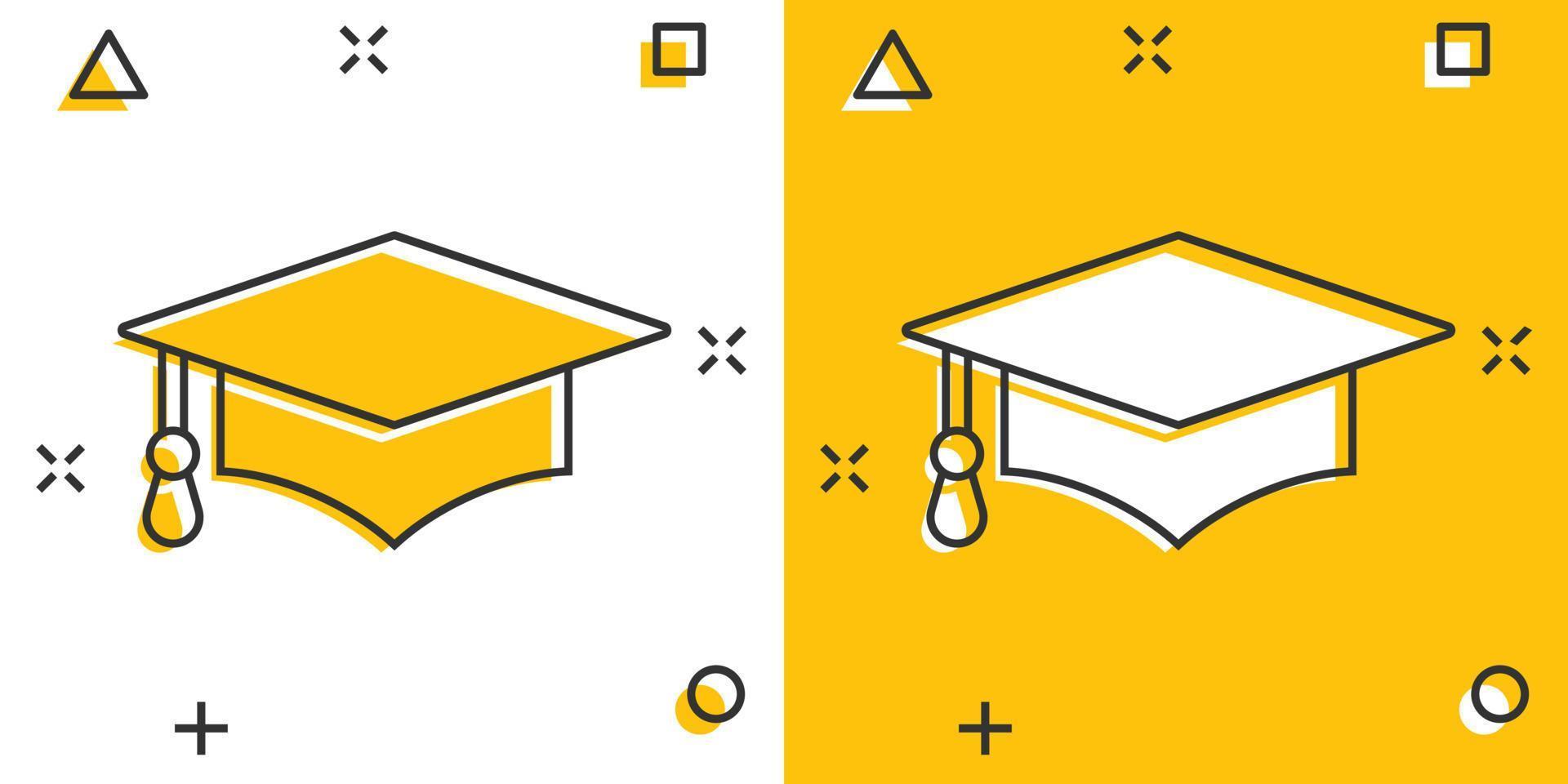 icono de sombrero de graduación en estilo cómico. ilustración de vector de dibujos animados de gorra de estudiante sobre fondo blanco aislado. concepto de negocio de efecto splash universitario.