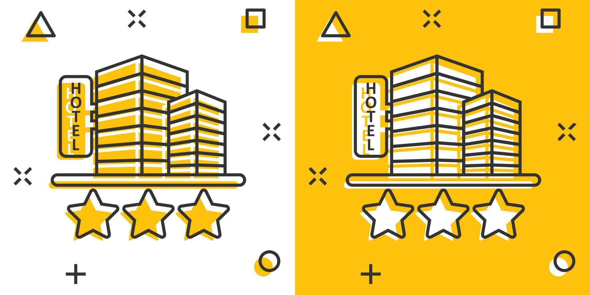 icono de signo de hotel 3 estrellas en estilo cómico. Posada edificio ilustración vectorial de dibujos animados sobre fondo blanco aislado. concepto de negocio de efecto de salpicadura de habitación de albergue. vector