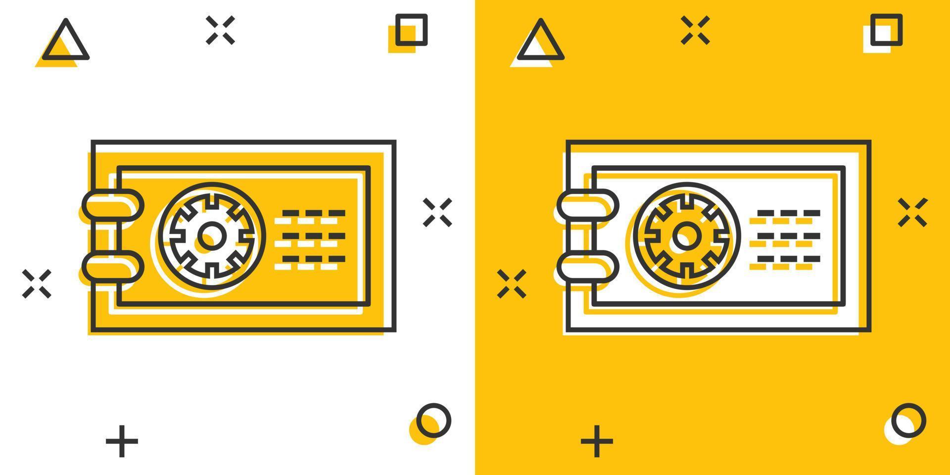 icono de dinero seguro en estilo cómico. Ilustración de vector de dibujos animados de caja fuerte sobre fondo blanco aislado. concepto de negocio de efecto de salpicadura de seguridad financiera.