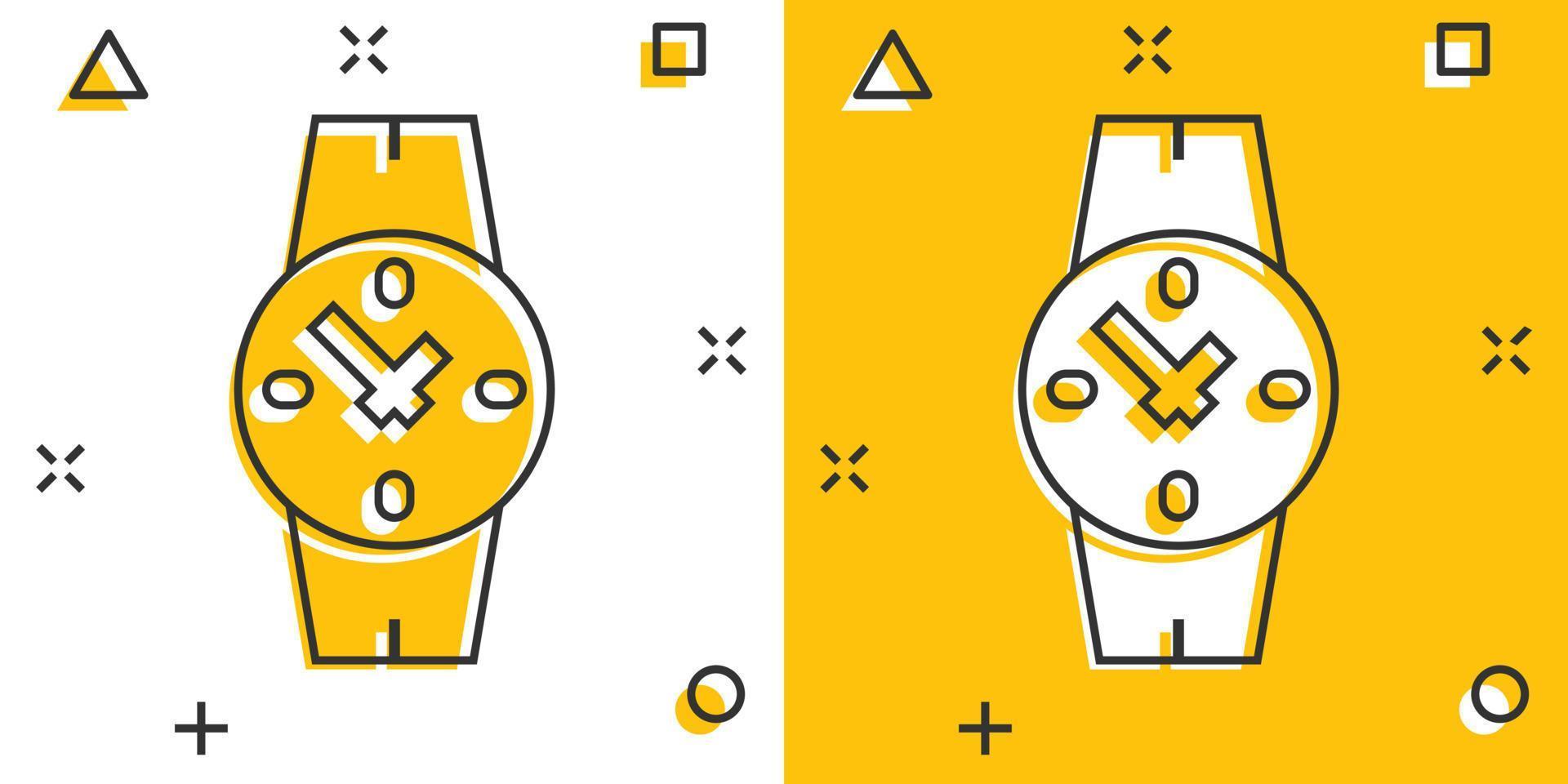 Wrist watch icon in comic style. Hand clock cartoon vector illustration on white isolated background. Time bracelet splash effect business concept.