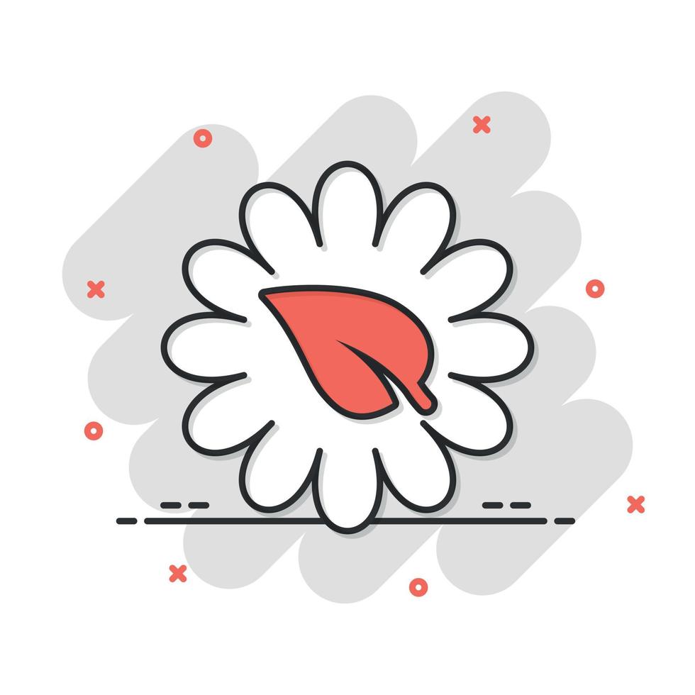 icono de hoja y manzanilla en estilo cómico. flor con ilustración de vector de dibujos animados de planta sobre fondo blanco aislado. concepto de negocio de signo de efecto de salpicadura de energía ecológica.