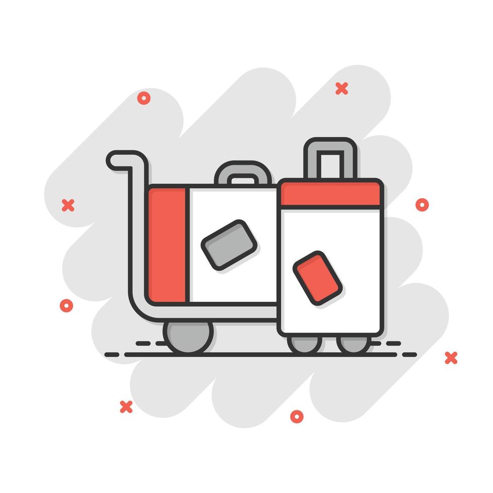 icono de bolsa de viaje en estilo cómico. Ilustración de vector de dibujos animados de equipaje sobre fondo blanco aislado. concepto de negocio de efecto de salpicadura de equipaje.