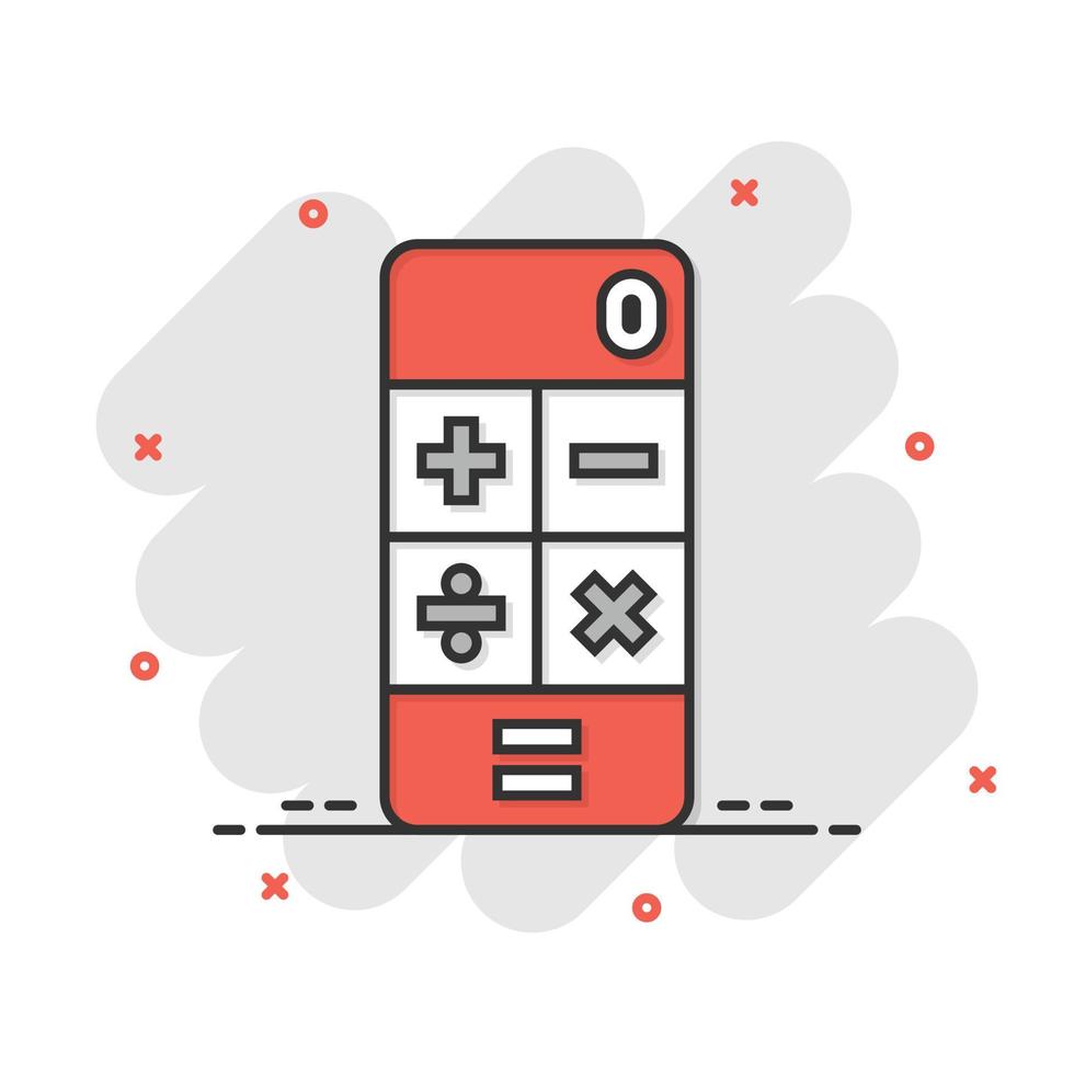 Calculator icon in comic style. Calculate cartoon vector illustration on white isolated background. Calculation splash effect business concept.