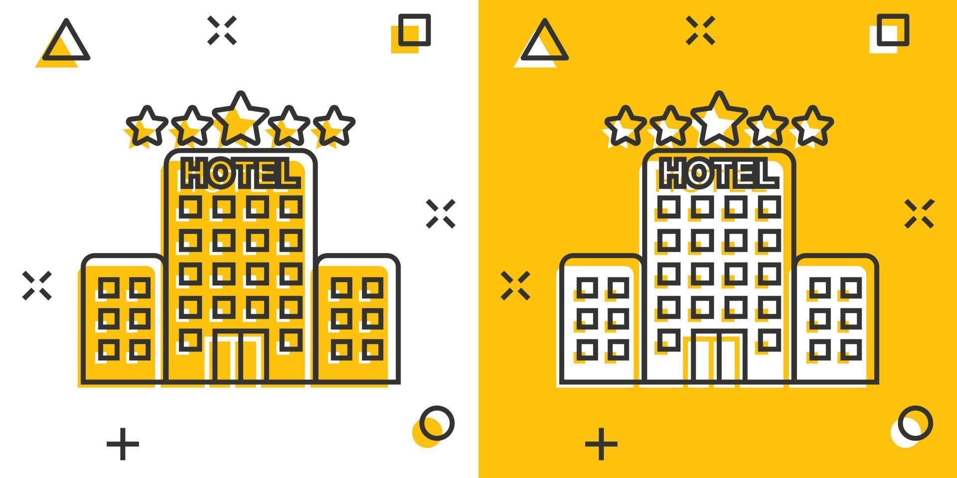 Vector cartoon hotel icon in comic style. Tower sign illustration pictogram. Hotel apartment business splash effect concept.