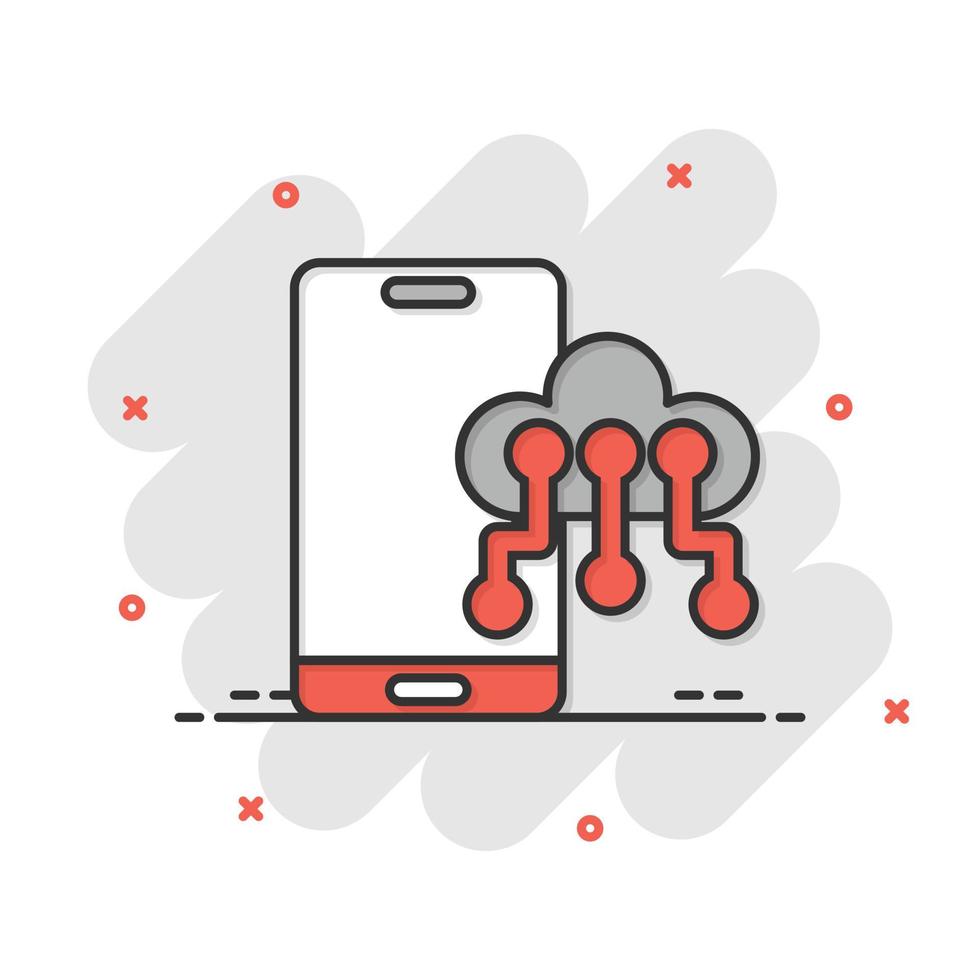 teléfono inteligente con icono de nube en estilo cómico. ilustración de vector de dibujos animados de almacenamiento de red de teléfono sobre fondo blanco aislado. concepto de negocio de efecto de salpicadura de copia de seguridad en línea.