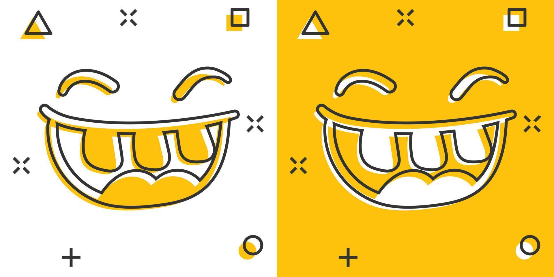 sonrisa de dibujos animados vectoriales con icono de lengua en estilo cómico. pictograma de ilustración de signo de cara de sonrisa. concepto de efecto de salpicadura de negocio de cara divertida. vector