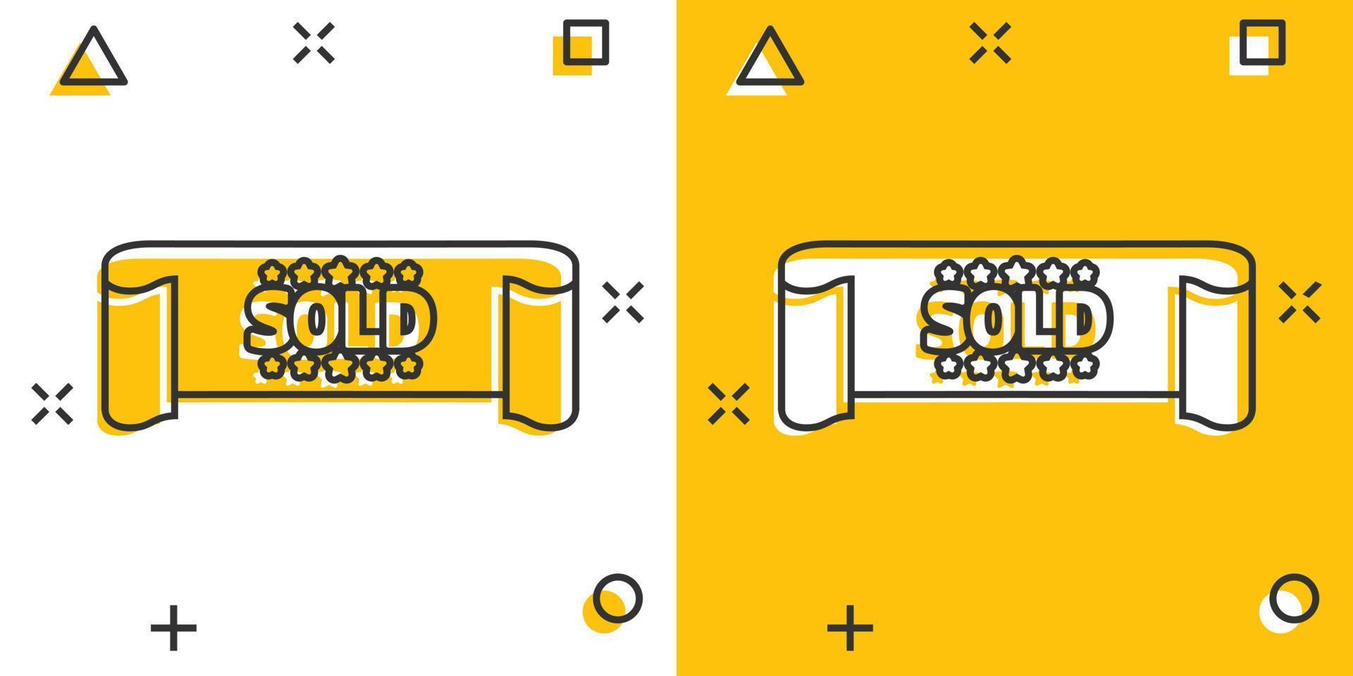 Vector cartoon sold ribbon icon in comic style. Discount, sale sticker label sign illustration pictogram. Sold ribbon business splash effect concept.
