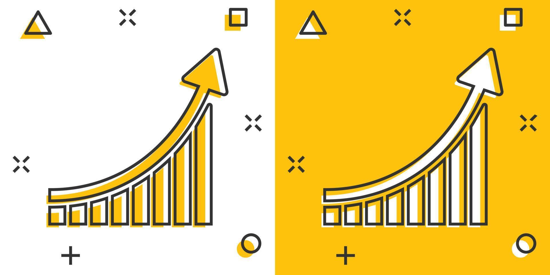 Growing bar graph icon in comic style. Increase arrow vector cartoon illustration pictogram. Infographic progress business concept splash effect.