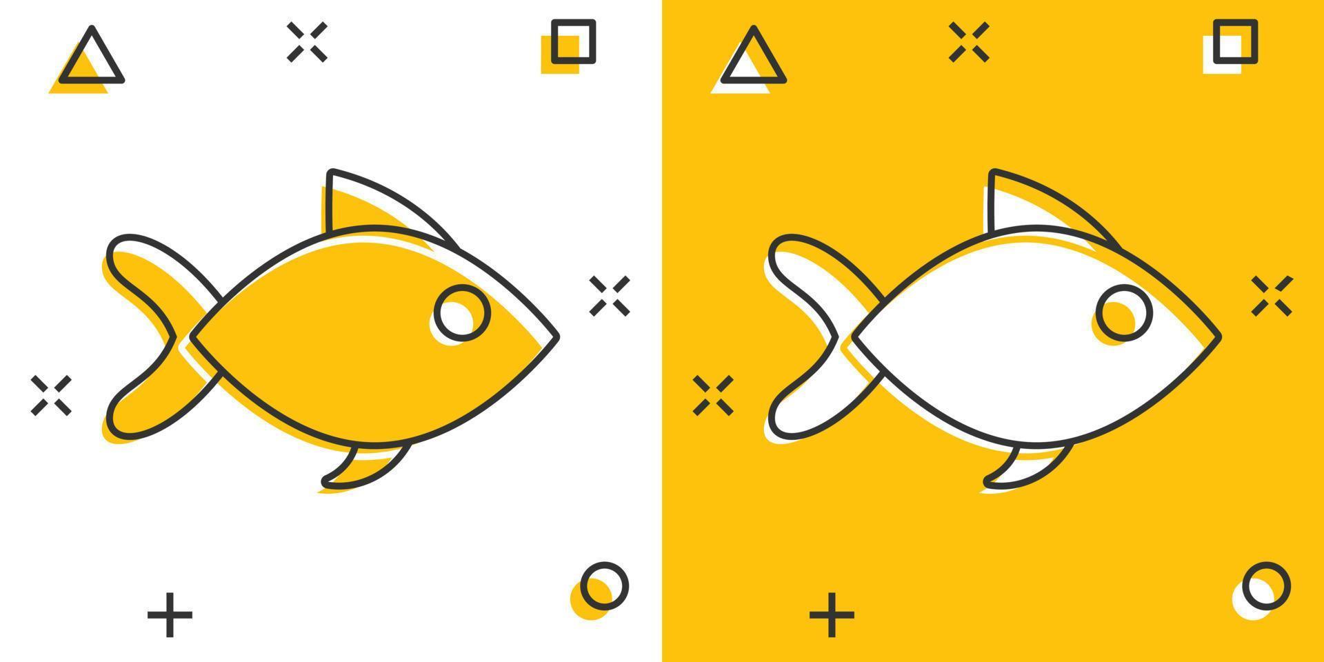 icono de signo de pescado en estilo cómico. ilustración de dibujos animados de vector de pez dorado sobre fondo blanco aislado. efecto de salpicadura del concepto de negocio de mariscos.