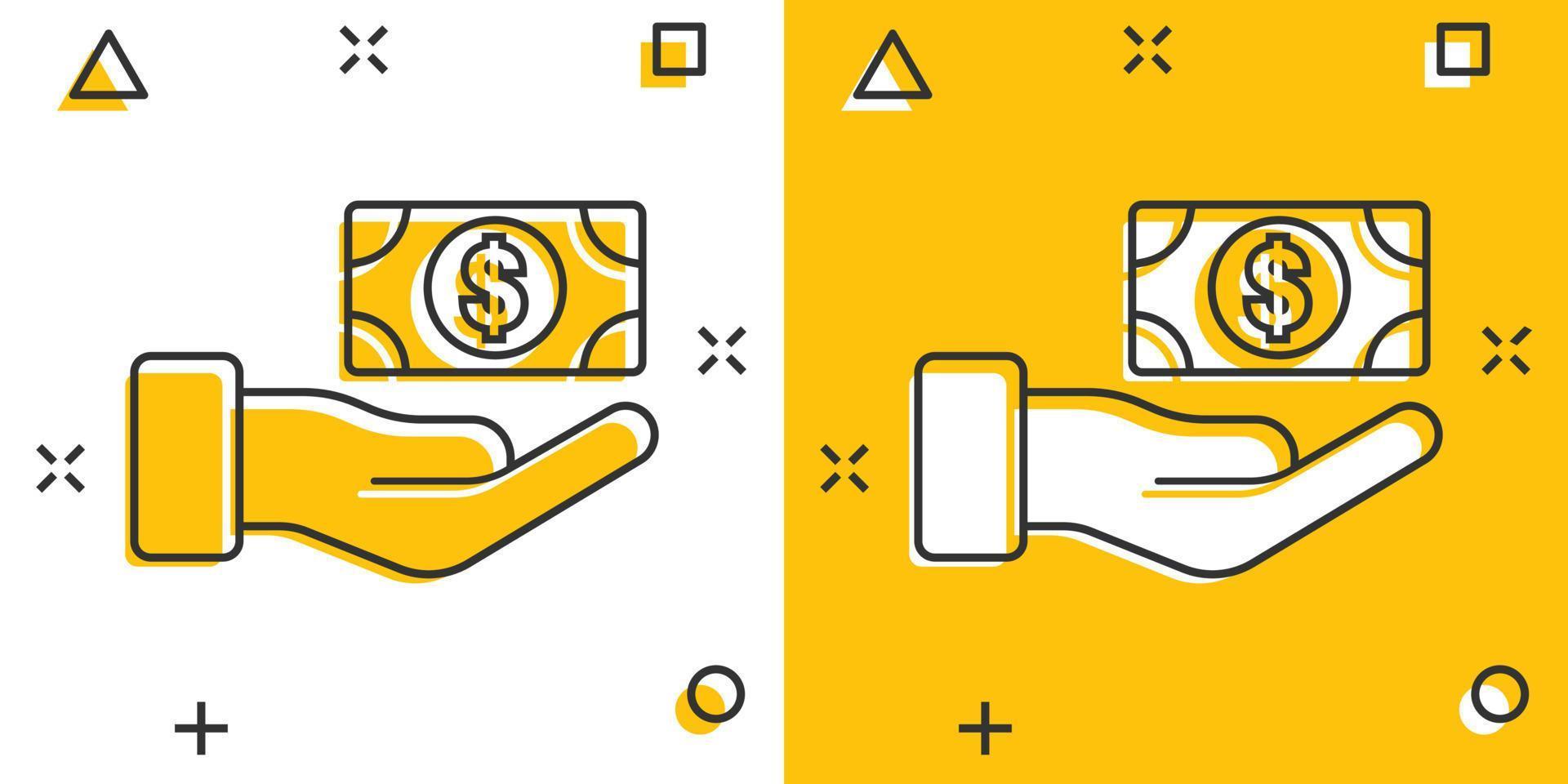 icono de remuneración en estilo cómico. dinero en la mano ilustración vectorial de dibujos animados sobre fondo blanco aislado. concepto de negocio de efecto de salpicadura de nómina de billetes. vector