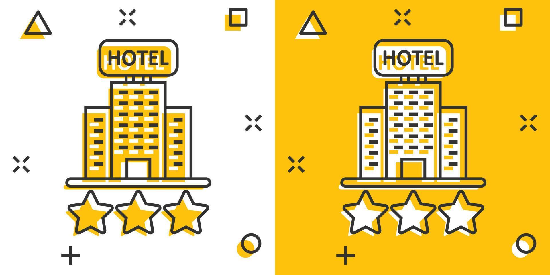 Hotel 3 stars sign icon in comic style. Inn building cartoon vector illustration on white isolated background. Hostel room splash effect business concept.