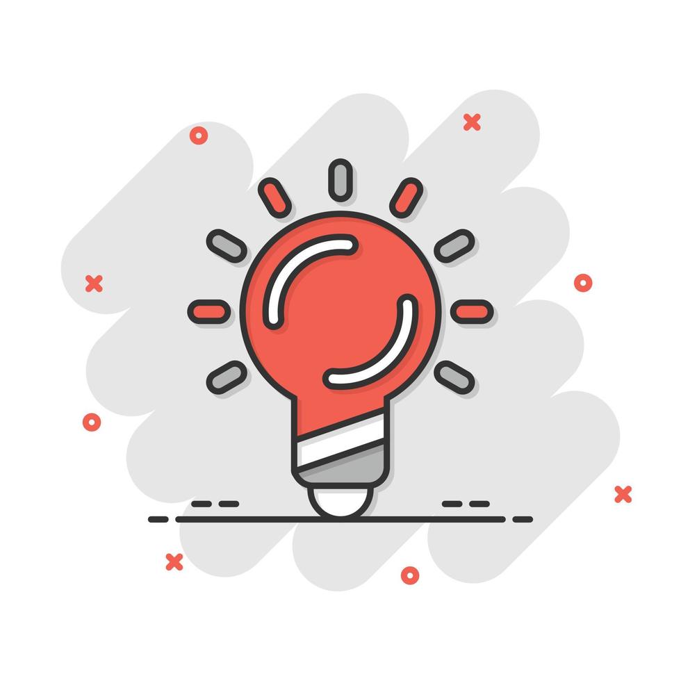 Light bulb icon in comic style. Lightbulb cartoon vector illustration on white isolated background. Lamp idea splash effect business concept.