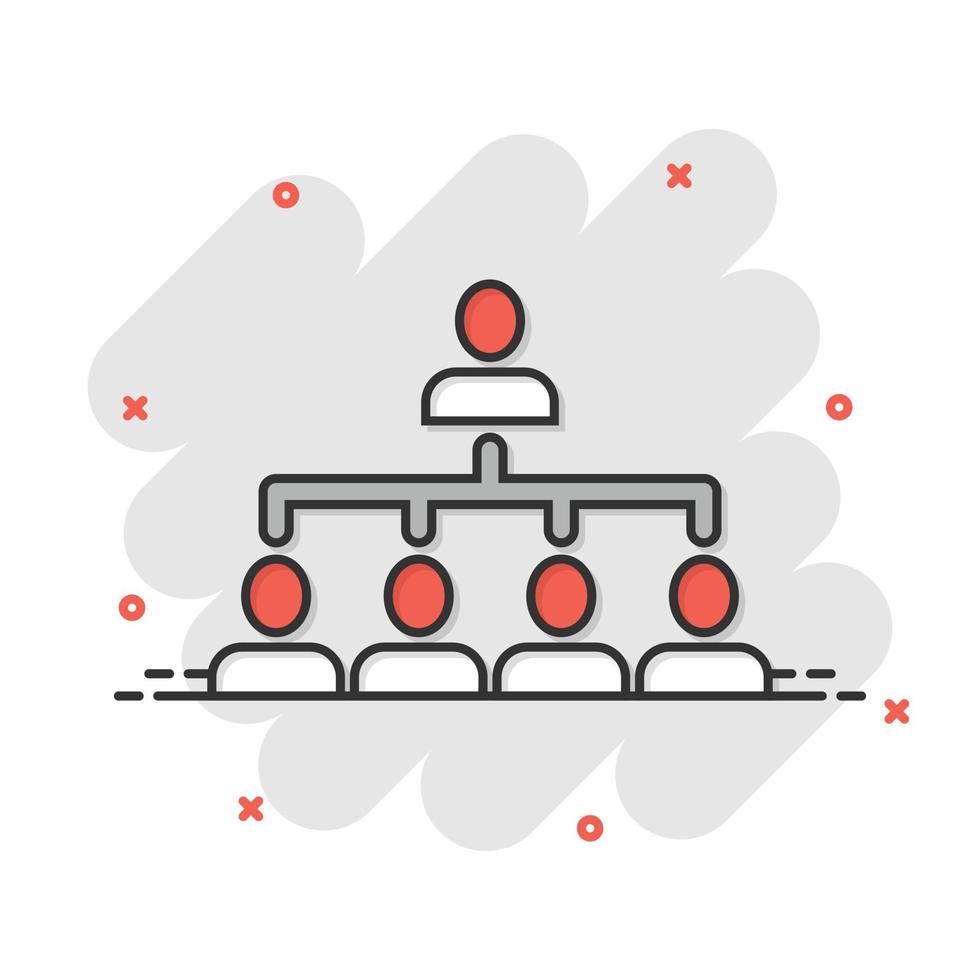 organigrama corporativo con icono de vector de personas de negocios en estilo cómico. ilustración de dibujos animados de cooperación de personas sobre fondo blanco. concepto de negocio de efecto de salpicadura de trabajo en equipo.