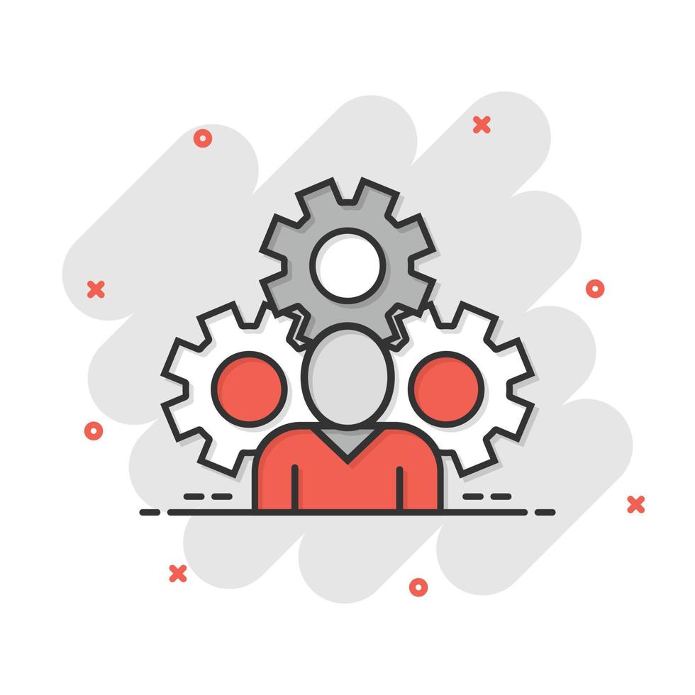 People with gear icon in comic style. Person cogwheel cartoon vector illustration on white isolated background. Teamwork splash effect business concept.