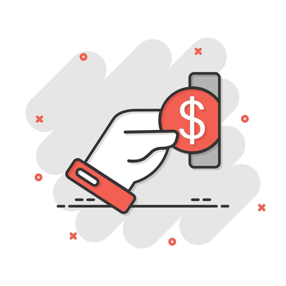 Remuneration icon in comic style. Money in hand cartoon vector illustration on white isolated background. Coin payroll splash effect business concept.
