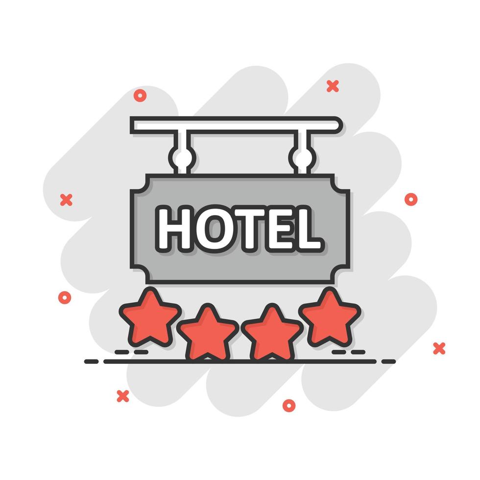 Hotel 4 stars sign icon in comic style. Inn cartoon vector illustration on white isolated background. Hostel room information splash effect business concept.