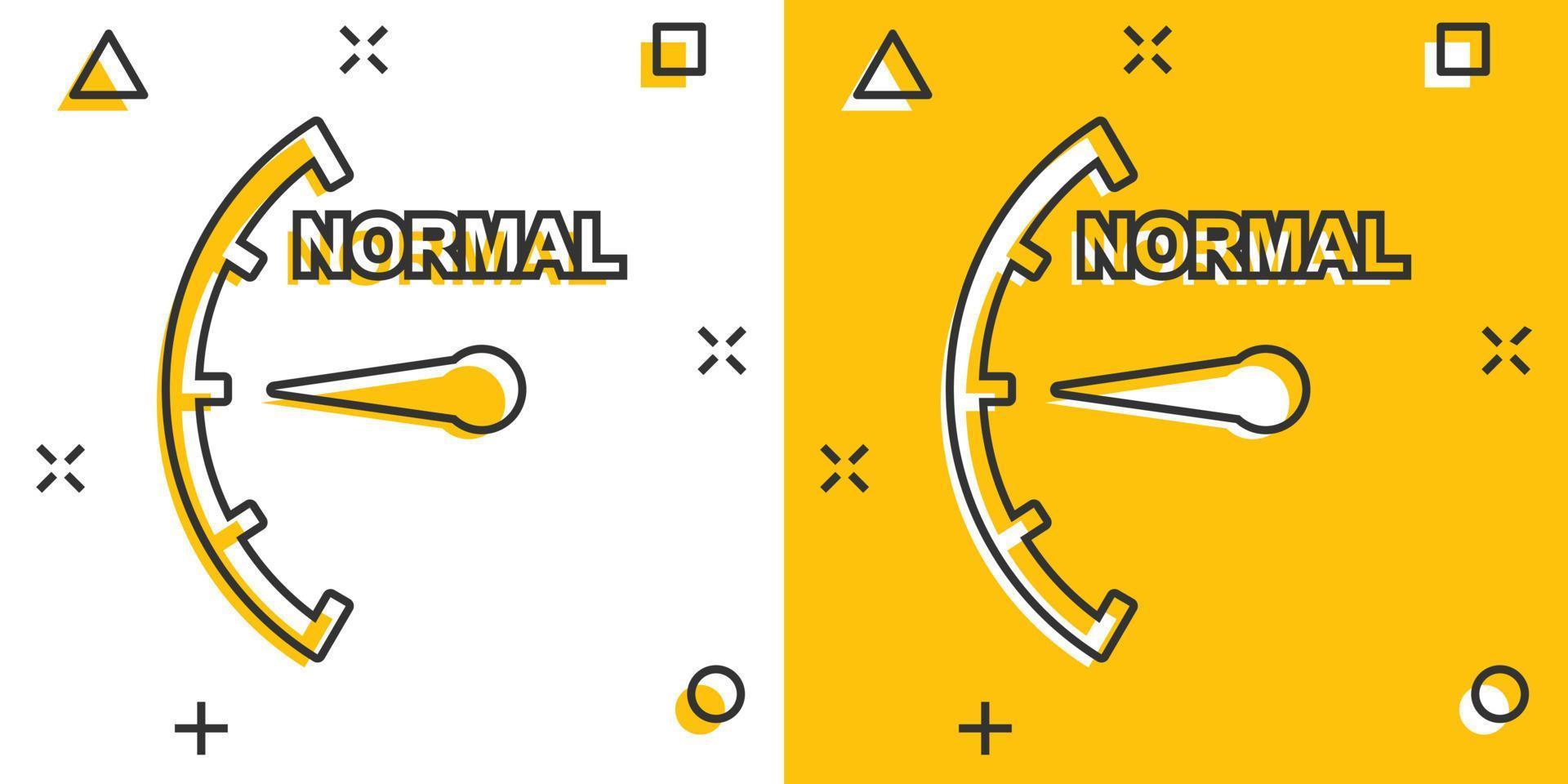 Cartoon normal level icon in comic style. Speedometer, tachometer sign illustration pictogram. Risk meter splash business concept. vector