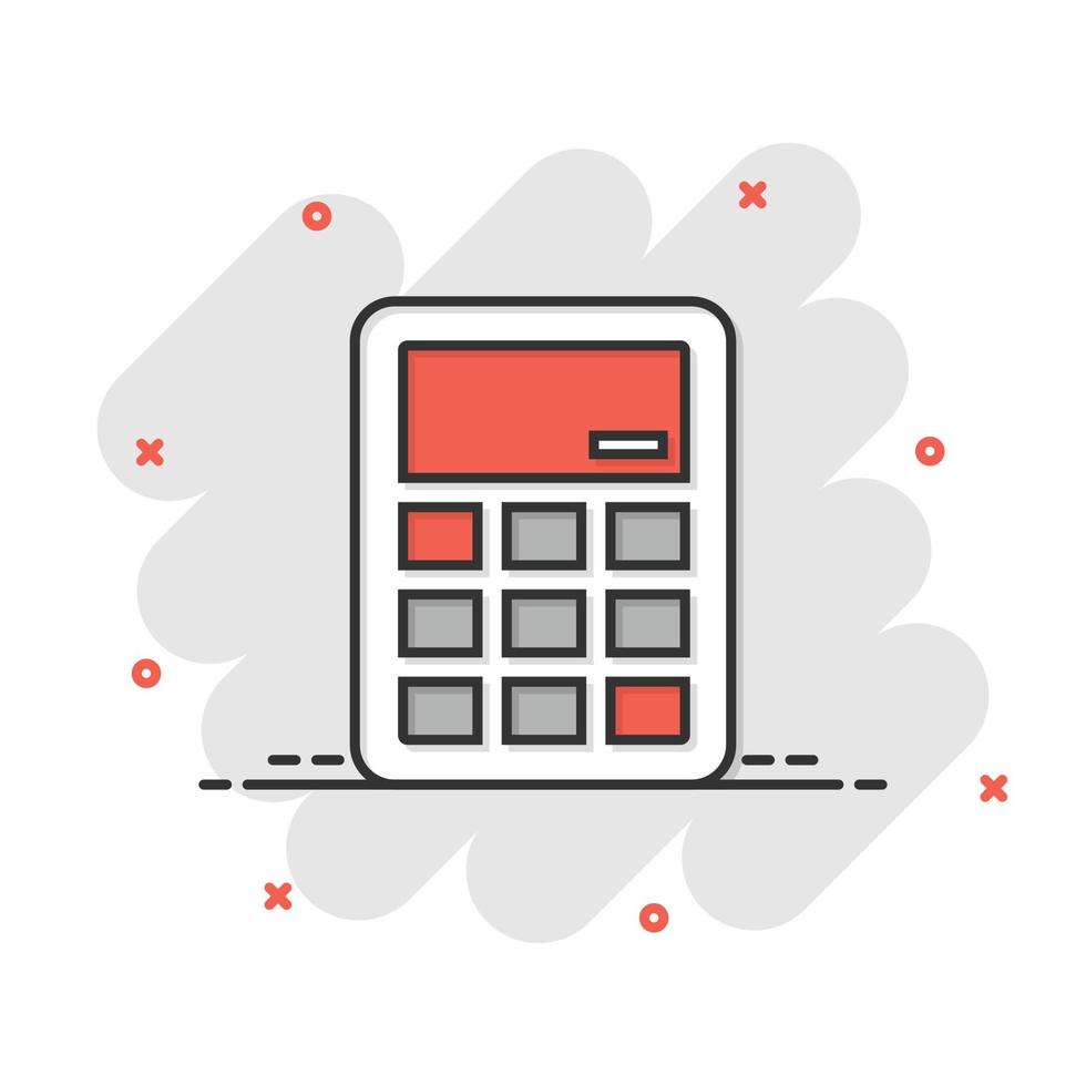 Calculator icon in comic style. Calculate cartoon vector illustration on white isolated background. Calculation splash effect business concept.