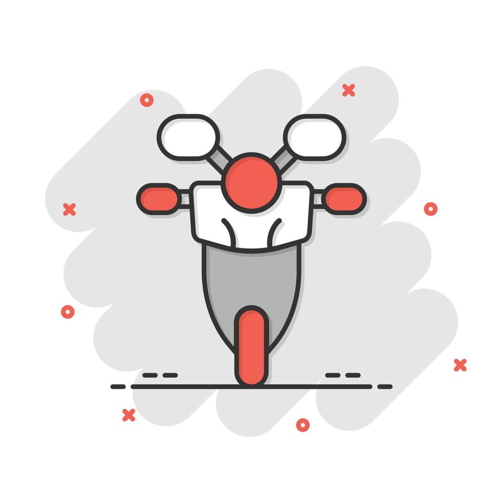 icono de moto en estilo cómico. ilustración de vector de dibujos animados de scooter sobre fondo blanco aislado. concepto de negocio de efecto de salpicadura de vehículo de ciclomotor.