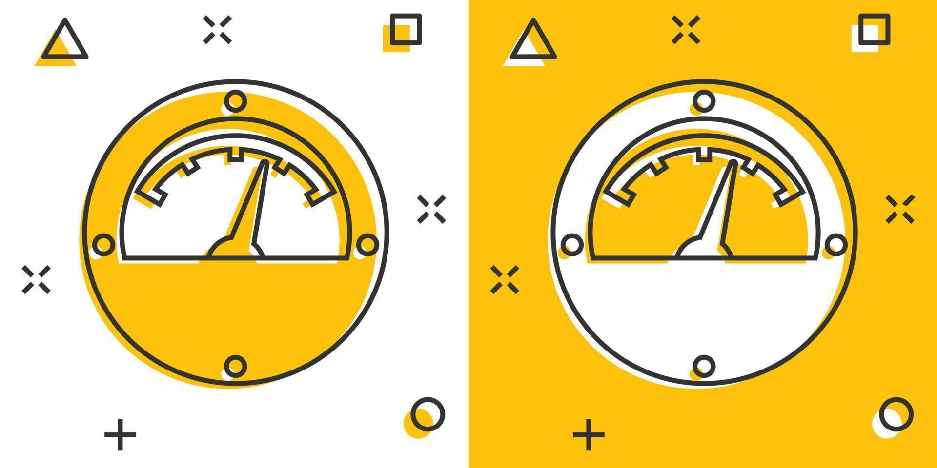 icono de medidor eléctrico de dibujos animados vectoriales en estilo cómico. pictograma de ilustración de signo de medidor de potencia. concepto de efecto de salpicadura de negocio de alto voltaje. vector