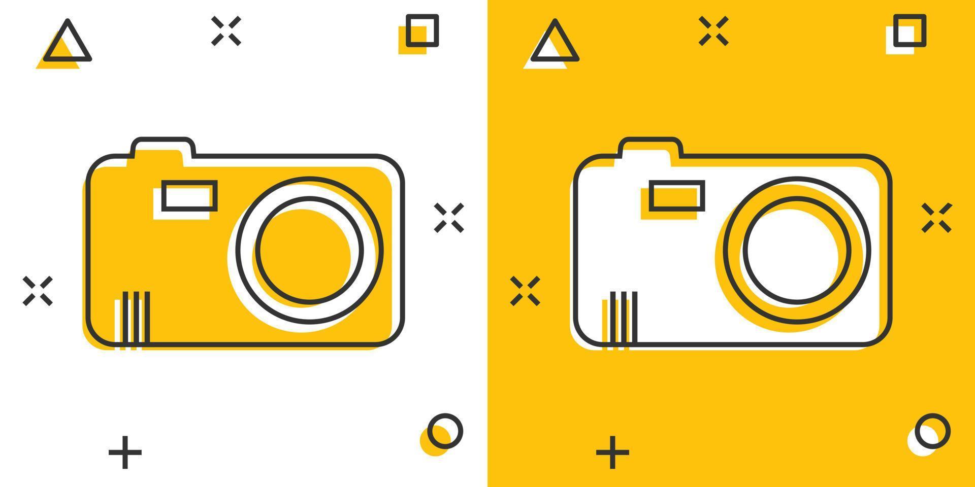 Vector cartoon photo camera icon in comic style. Photographer cam sign illustration pictogram. Camera business splash effect concept.