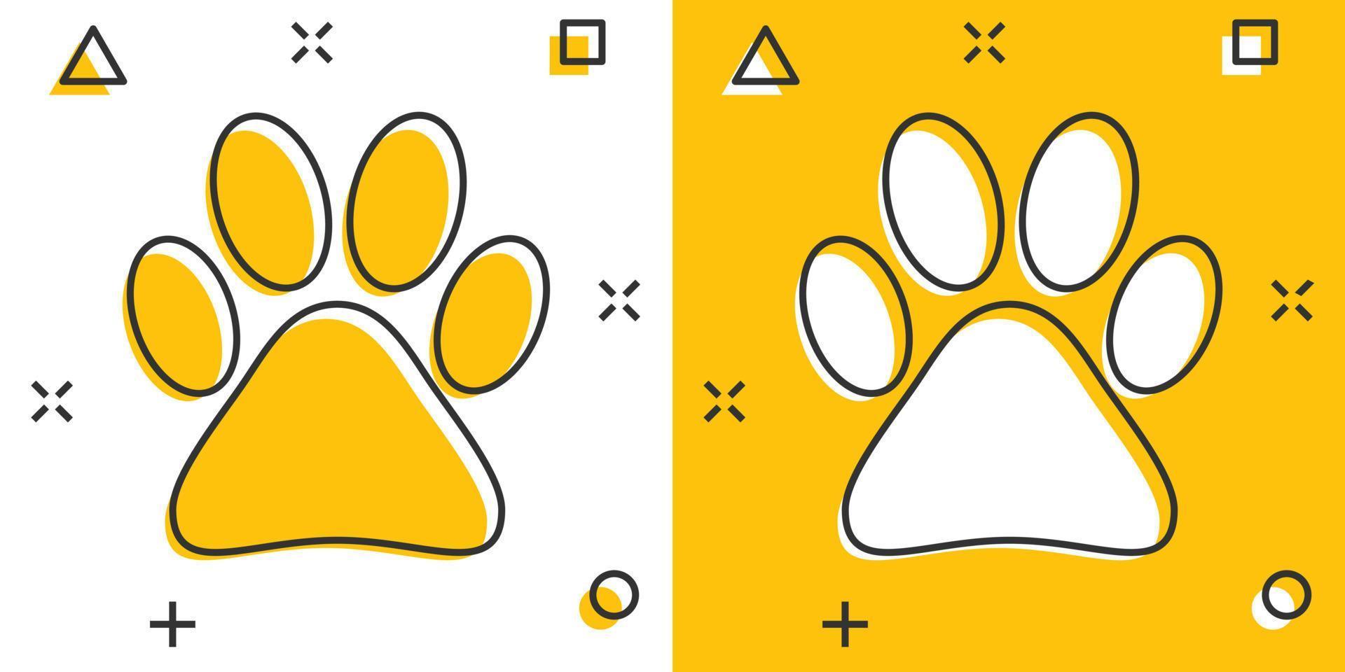 Vector cartoon paw print icon in comic style. Dog, cat, bear paw sign illustration pictogram. Animal foot business splash effect concept.