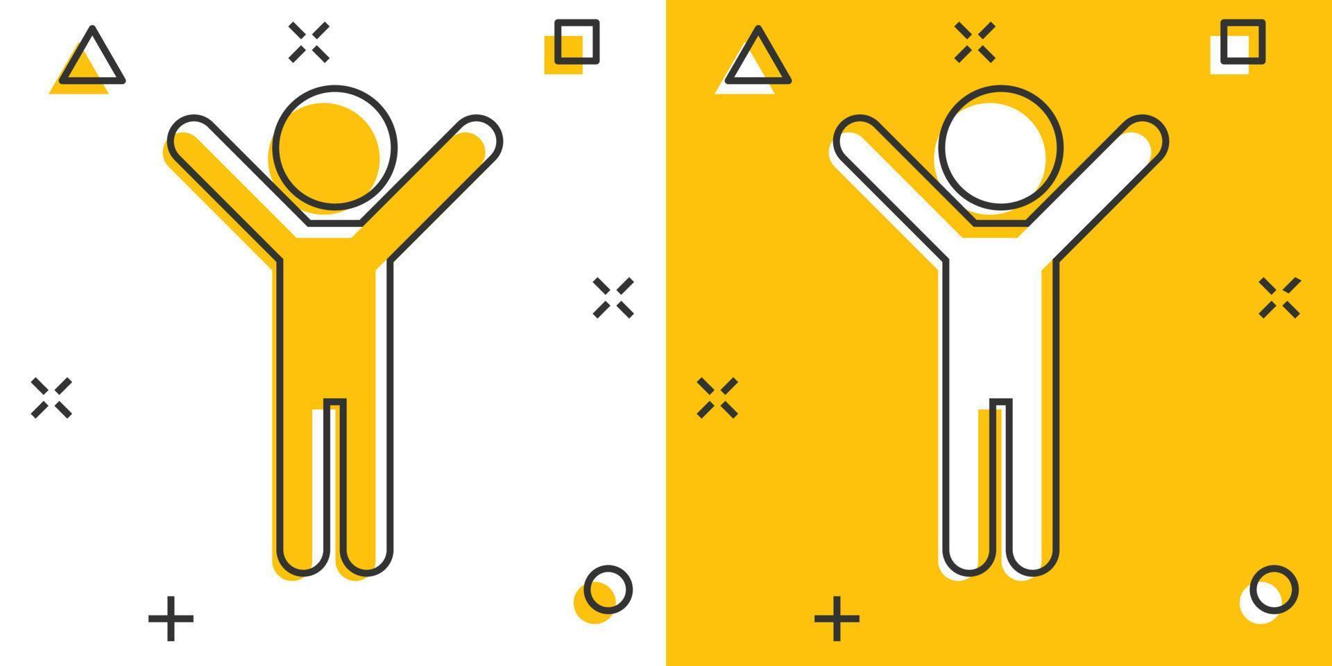 Vector cartoon happy man with hands up icon in comic style. People happy sign illustration pictogram. Man business splash effect concept.