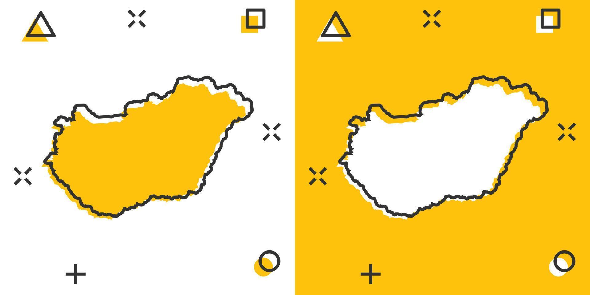 icono de mapa de hungría de dibujos animados vectoriales en estilo cómico. pictograma de ilustración de signo de Hungría. concepto de efecto de salpicadura de negocio de mapa de cartografía. vector