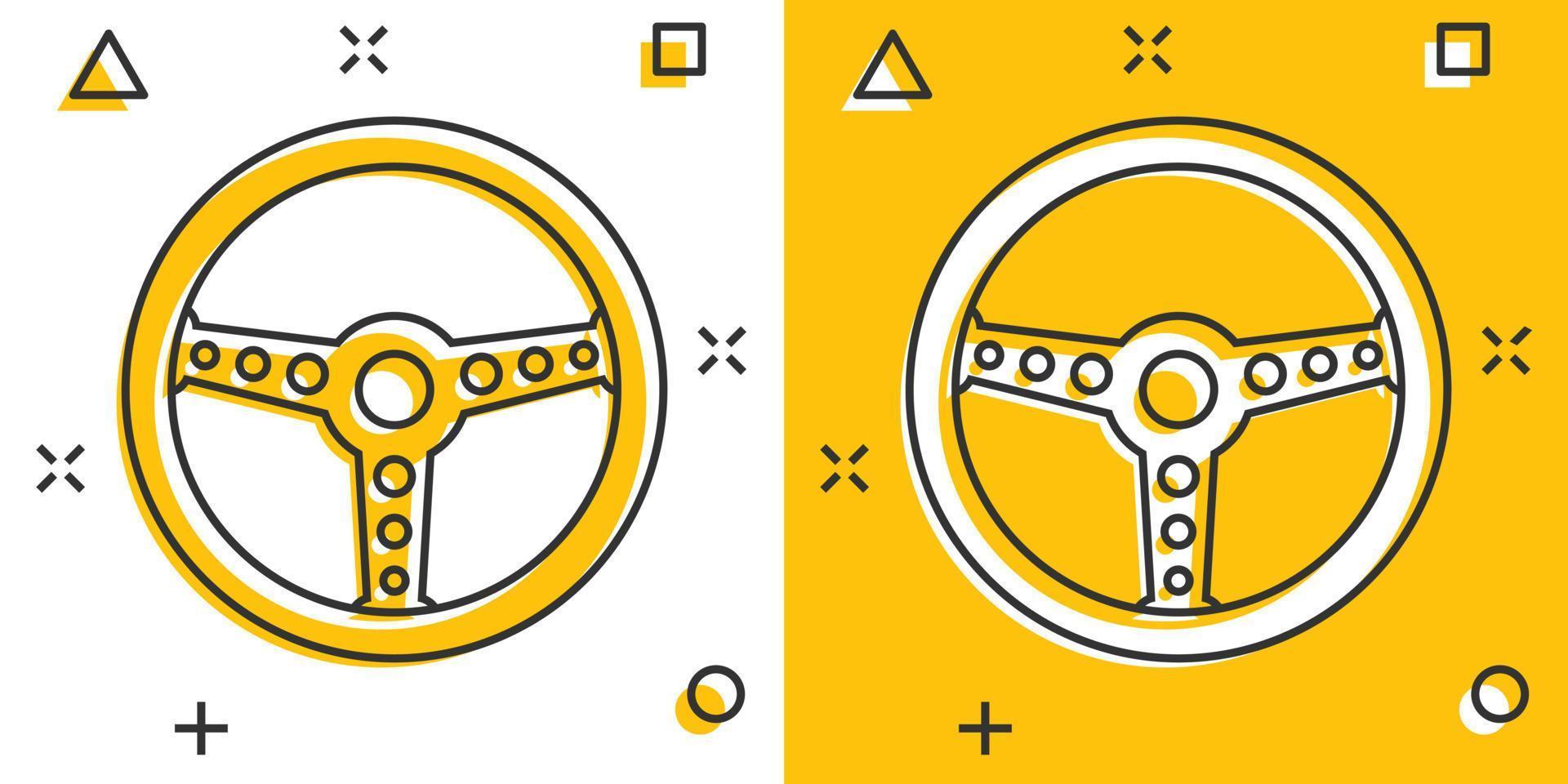 icono de volante de dibujos animados vectoriales en estilo cómico. Pictograma de ilustración de signo de rueda de timón. concepto de efecto de salpicadura de negocio de dirección. vector