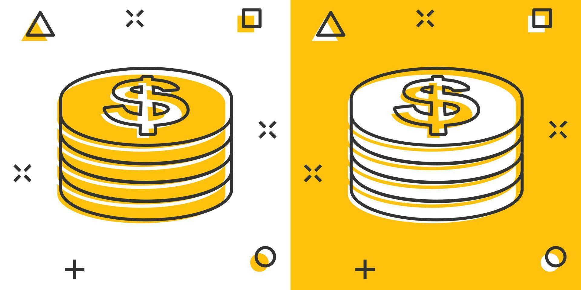 Coins stack icon in comic style. Dollar coin vector cartoon illustration pictogram. Money stacked business concept splash effect.