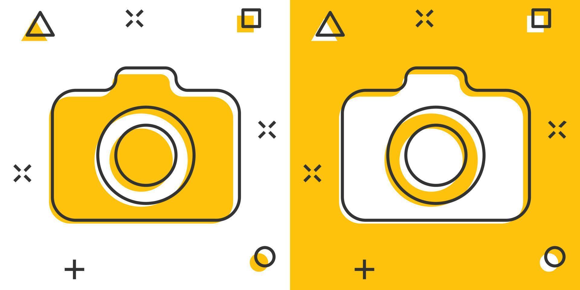 Photo camera icon in comic style. Photographer cam equipment vector cartoon illustration pictogram. Camera business concept splash effect.