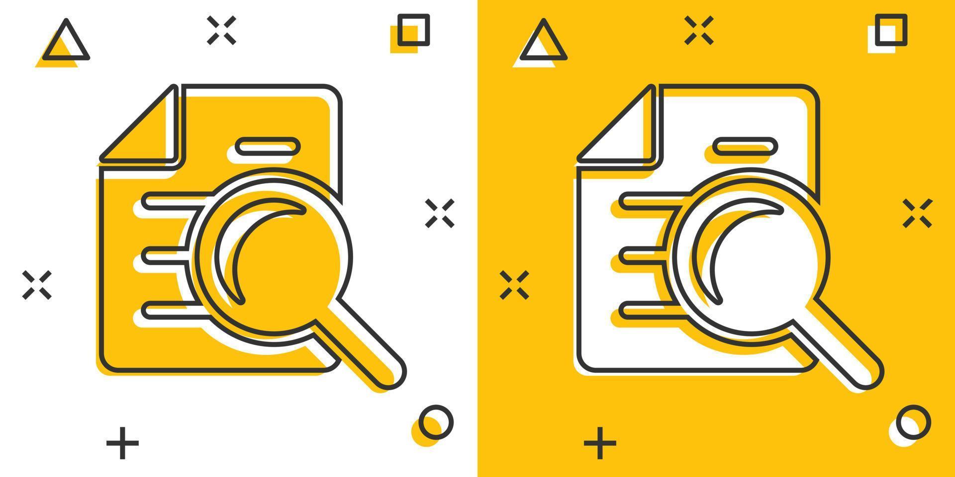 Scrutiny document plan icon in comic style. Review statement vector cartoon illustration pictogram. Document with magnifier loupe business concept splash effect.