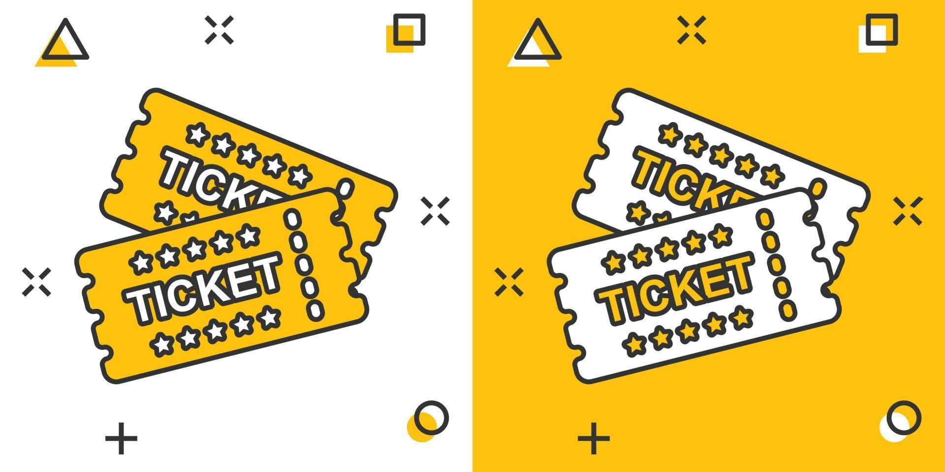 Cinema ticket icon in comic style. Admit one coupon entrance vector cartoon illustration pictogram. Ticket business concept splash effect.