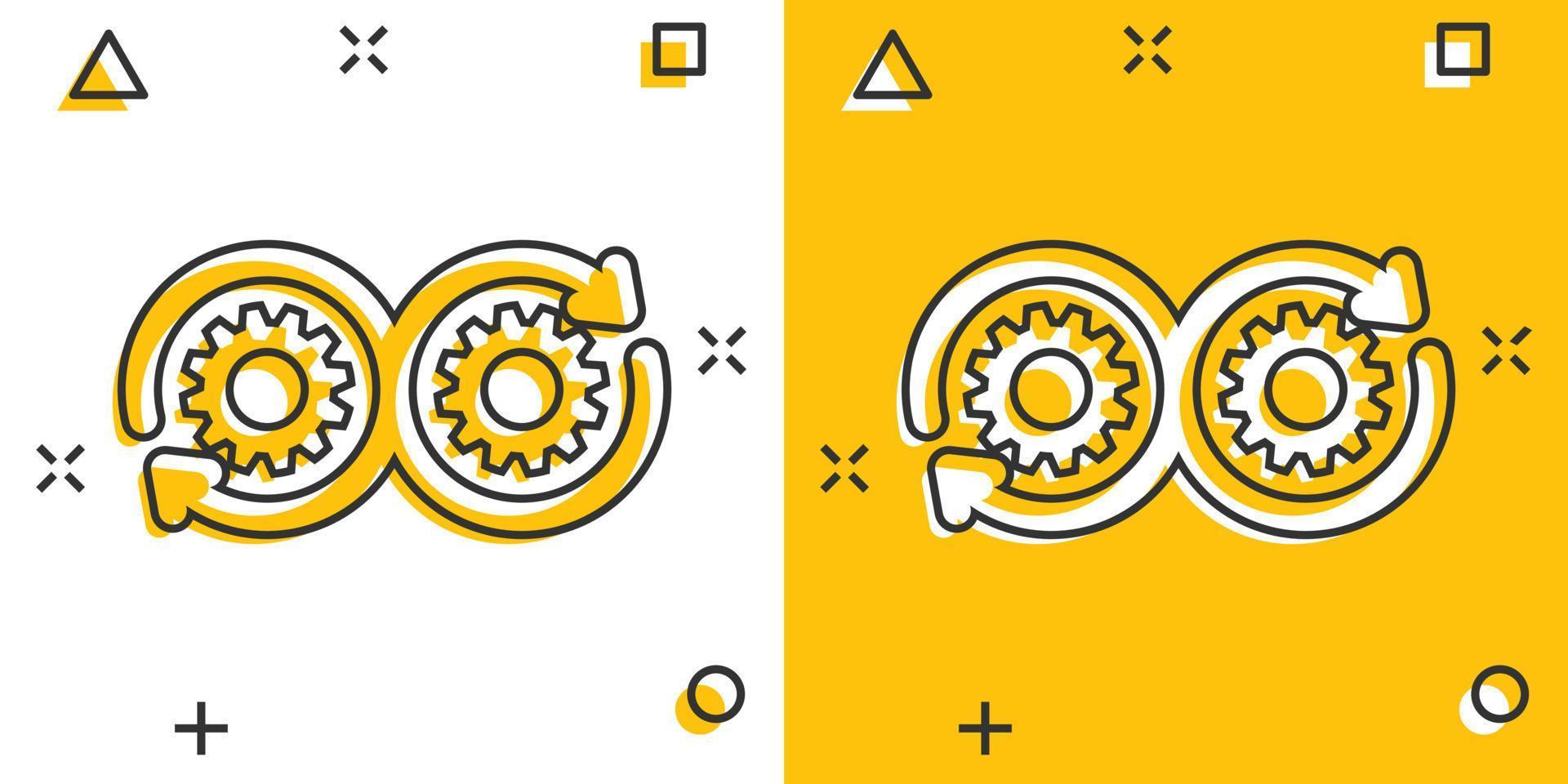 icono de desarrollo en estilo cómico. ilustración de dibujos animados vectoriales devops sobre fondo blanco aislado. cog con efecto de salpicadura de concepto de negocio de flecha. vector