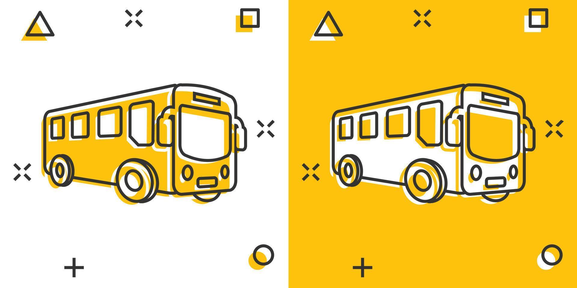 icono de autobús escolar en estilo cómico. ilustración de dibujos animados de vector de autobus sobre fondo blanco aislado. efecto de salpicadura del concepto de negocio de transporte de autocares.