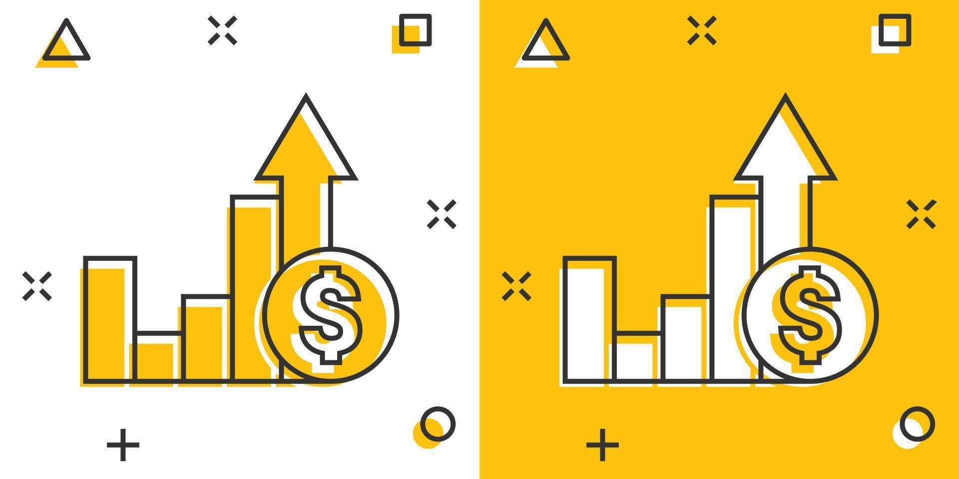 Growth arrow icon in comic style. Revenue cartoon vector illustration on white isolated background. Increase splash effect business concept.