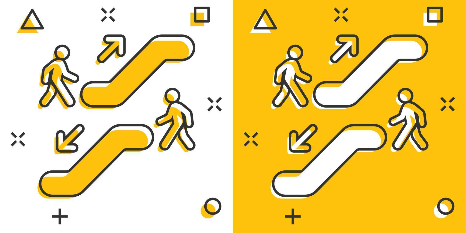 icono de ascensor de escalera mecánica de dibujos animados vectoriales en estilo cómico. pictograma de ilustración de signo de escalera mecánica. concepto de efecto de salpicadura de negocio de ascensor. vector