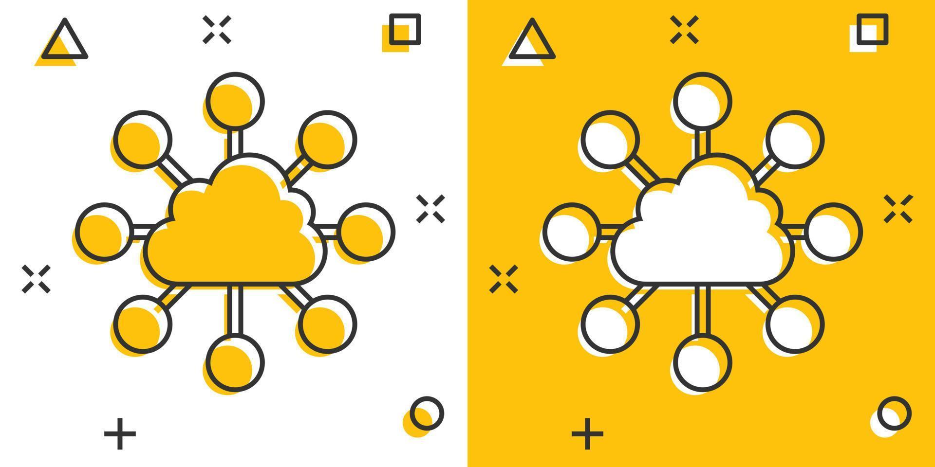 icono de tecnología de computación en nube de dibujos animados vectoriales en estilo cómico. pictograma de ilustración de análisis infográfico. concepto de efecto de salpicadura de negocio de red. vector