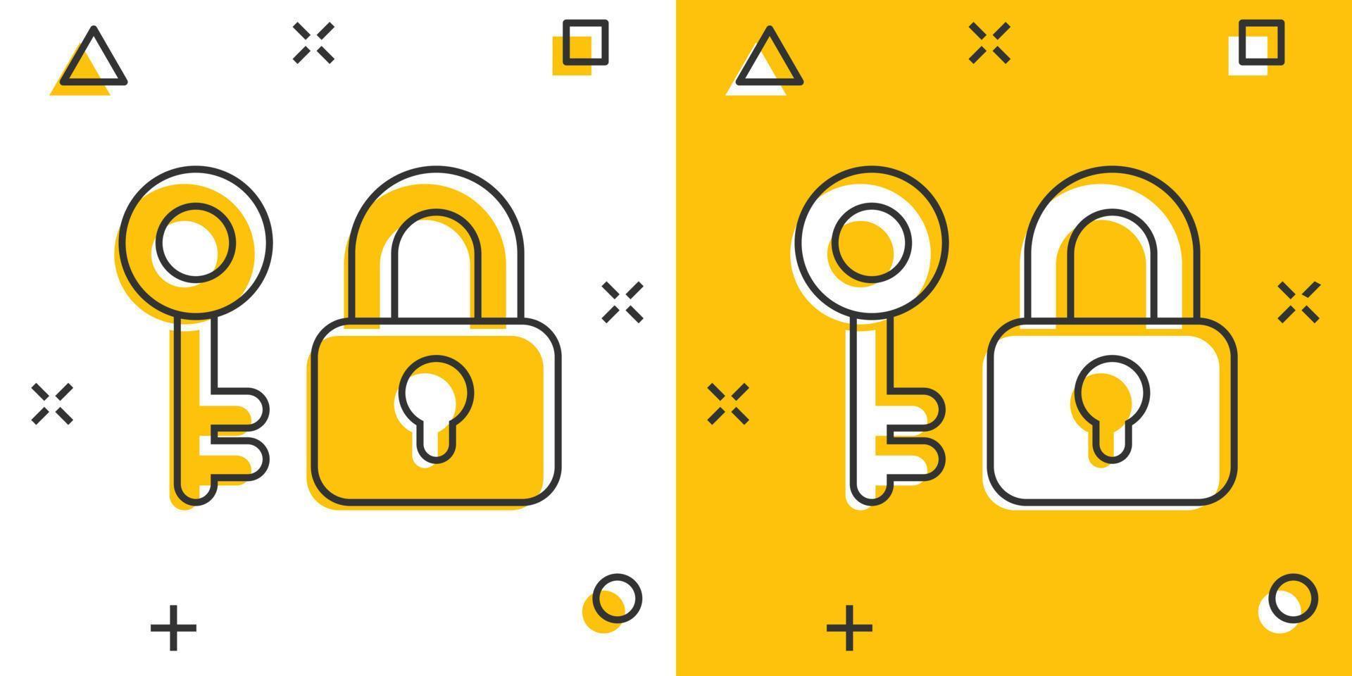 Key with padlock icon in comic style. Access login vector cartoon illustration pictogram. Lock keyhole business concept splash effect.