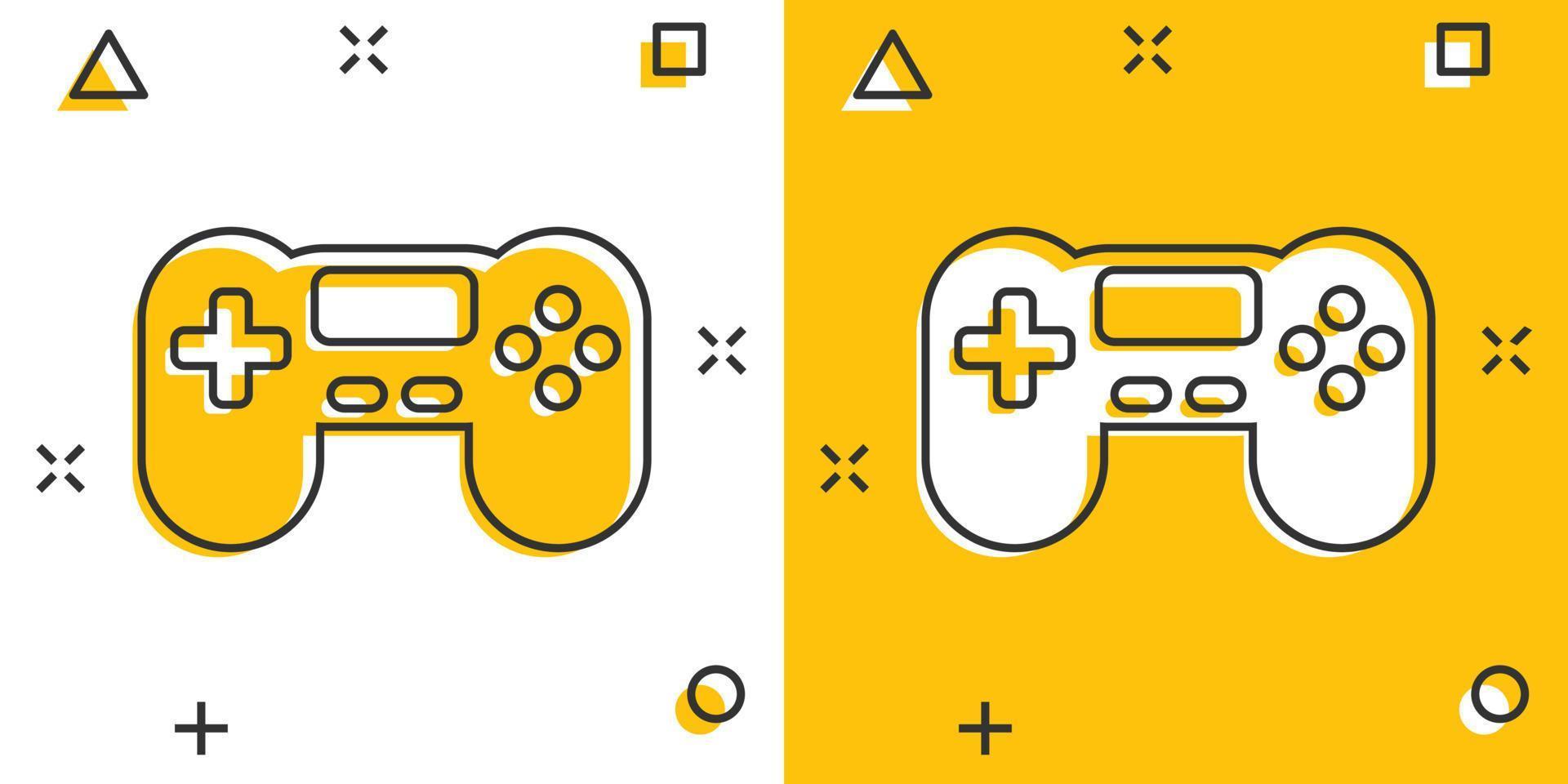 icono de signo de joystick en estilo cómico. ilustración de dibujos animados de vector de gamepad sobre fondo blanco aislado. Efecto de salpicadura de concepto de negocio de controlador de consola de juegos.