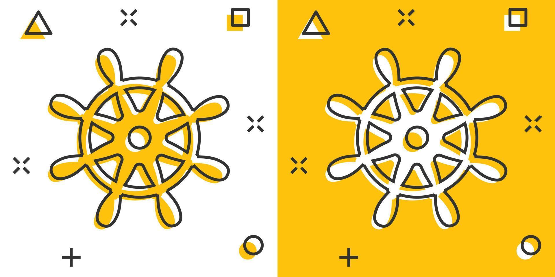 Helm wheel icon in comic style. Navigate steer cartoon vector illustration on white isolated background. Ship drive splash effect business concept.