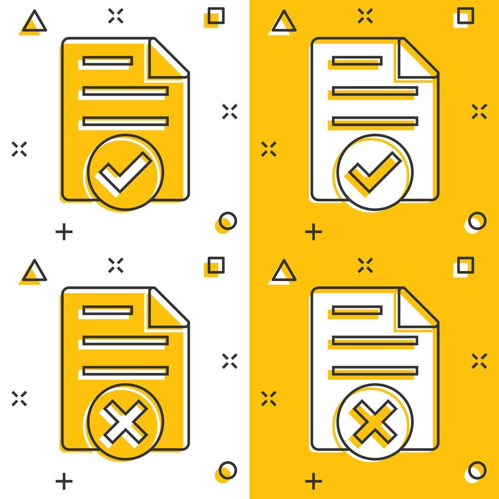 Document accepted and damaged icon in comic style. Correct, broken cartoon vector illustration on white isolated background. Check message splash effect business concept.
