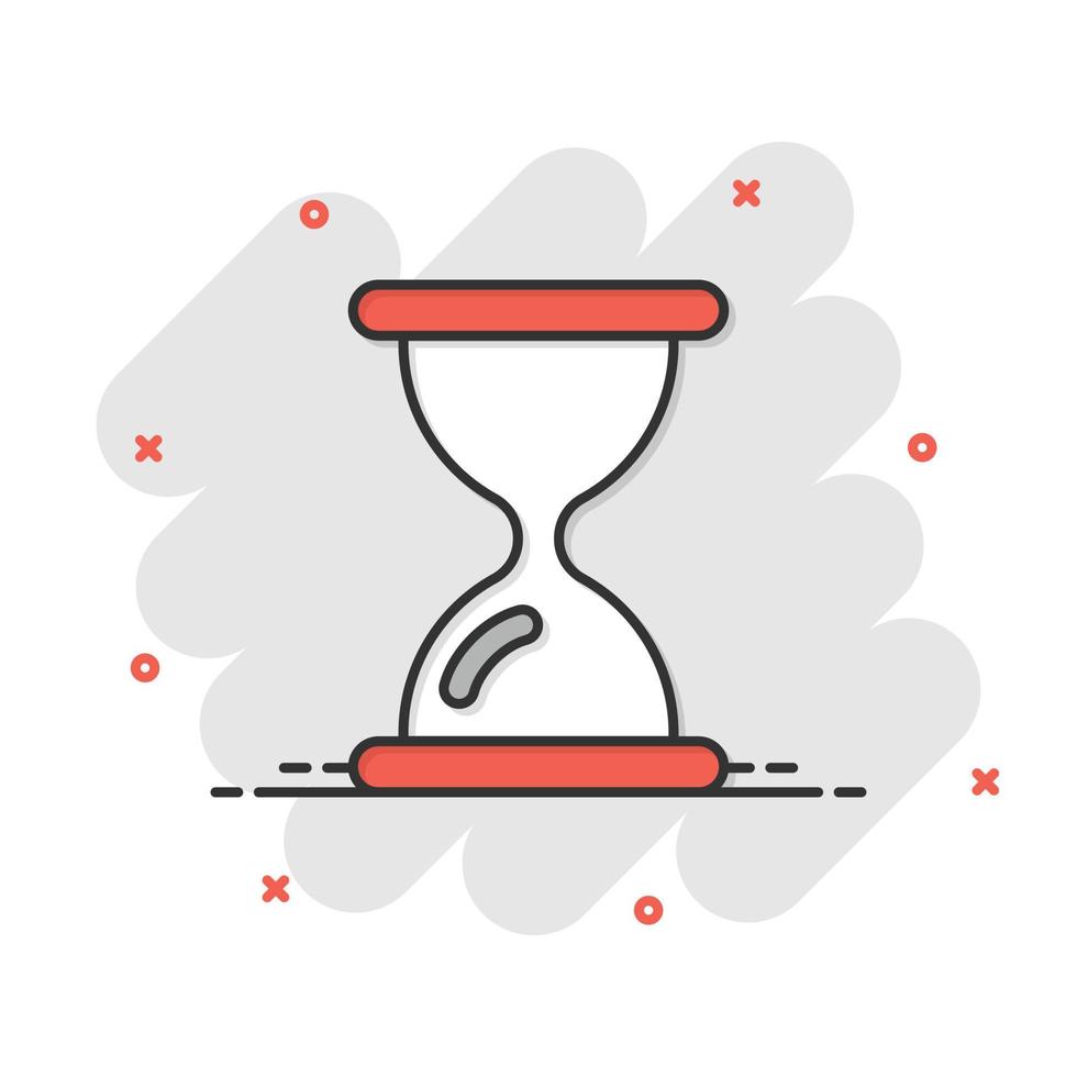 Hourglass icon in comic style. Sandglass cartoon vector illustration on white isolated background. Clock splash effect business concept.