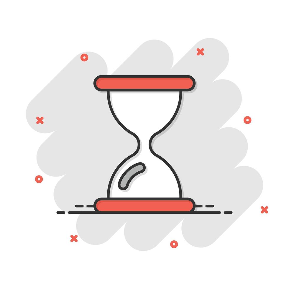 icono de reloj de arena en estilo cómico. ilustración de vector de dibujos animados de reloj de arena sobre fondo blanco aislado. concepto de negocio de efecto de salpicadura de reloj.