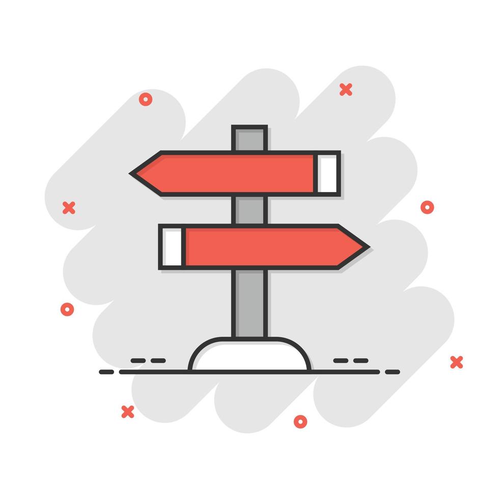 Crossroad signpost icon in comic style. Road direction cartoon vector illustration on white isolated background. Roadsign splash effect business concept.