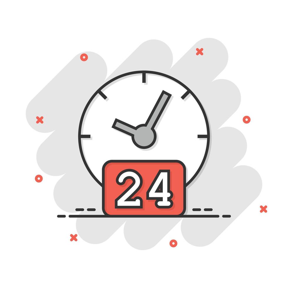 Clock 24 7 icon in comic style. Watch cartoon vector illustration on white isolated background. Timer splash effect business concept.